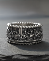 Oxidized 925 sterling silver Last Supper band ring showing intricate figures of apostles and table setting