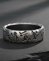 Handcrafted 925 sterling silver ring with oxidized ancient Egyptian hieroglyphs and matte finish
