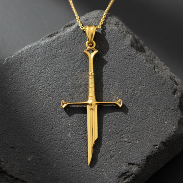 Gold variation of fantasy sword necklace showing detailed hilt and crossguard craftsmanship