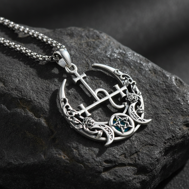 925 sterling silver Lilith Sigil Pendant with blue opal pentagram and intricate rose details on black stone surface