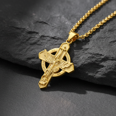 Angled close-up of Saint Michael cross pendant highlighting intricate relief work and spiritual symbolism