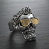 Front view of handcrafted 925 sterling silver biker skull ring featuring gold glasses and pompadour hairstyle