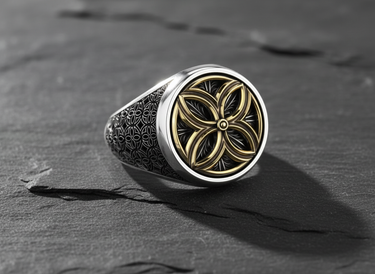 Close-up of the two-tone Men's Silver Flower of Life Ring, highlighting the polished bezel and intricate craftsmanship.