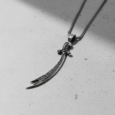 925 sterling silver Zulfiqar sword pendant with Arabic calligraphy displayed on grey background
