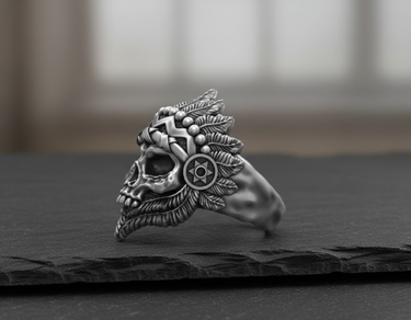 Side profile of sterling silver skull ring highlighting feather texture and geometric band patterns