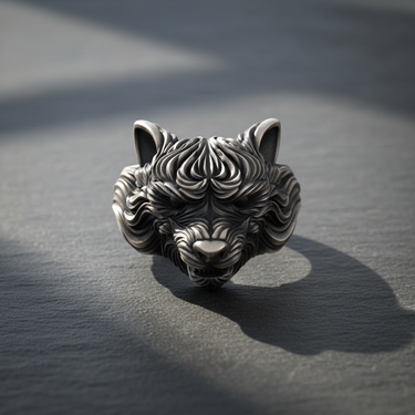 Front view of handcrafted 925 sterling silver wolf ring showing detailed snout and fur texture on dark background