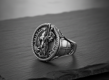 Angled view of 925 sterling silver signet ring with intricate Saint George and dragon relief design
