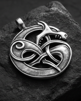 925 sterling silver Fenrir wolf pendant with intricate Viking knotwork displayed on dark stone background