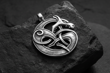 925 sterling silver Fenrir wolf pendant with intricate Viking knotwork displayed on dark stone background