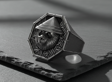 Black rhodium plated 925 sterling silver panda samurai ring with bamboo details on dark stone