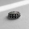 Oxidized 925 sterling silver skull band ring with three wise monkeys motif covering eyes ears and mouth