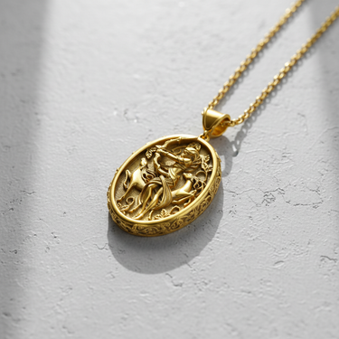Gold vermeil over 925 sterling silver Artemis pendant featuring goddess of the hunt and stag relief on concrete background