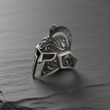 Oxidized 925 Silver Spartan Helmet Ring highlighting the detailed engravings and warrior crest, shown from a front-angle view.