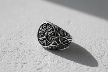 Side view of 925 sterling silver Tree of Life ring showing oxidized finish and intricate leaf patterns