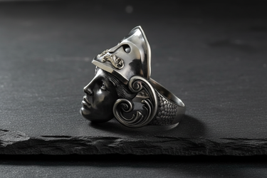 Side profile of 925 sterling silver Athena ring showing helmet crest and scrollwork details