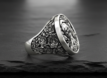 Side profile of handcrafted gothic silver ring displaying intricate rose and thorn details extending down the ring shank