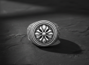 Top view of silver signet ring showing detailed relief of the floral cross motif and textured border