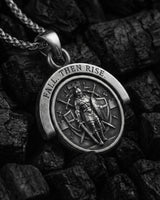 925 sterling silver rotating pendant featuring kneeling knight prayer design on black background