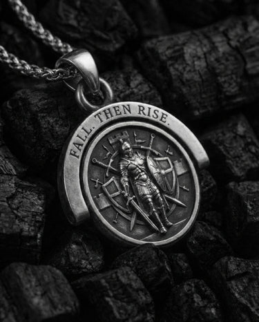 925 sterling silver rotating pendant featuring kneeling knight prayer design on black background