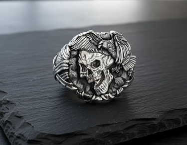 Side angle of sterling silver skull ring showing textured stone band and oxidized raven feather details with brass skull