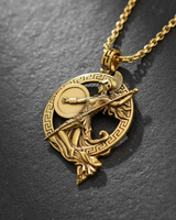 Gold vermeil Athena pendant necklace featuring Greek Key border and warrior goddess design on black stone