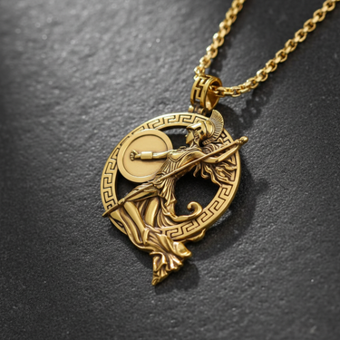 Gold vermeil Athena pendant necklace featuring Greek Key border and warrior goddess design on black stone