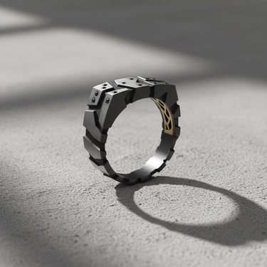 Dark oxidized geometric ring featuring gold lattice interior and flush set stone details