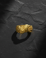 Gold vermeil double headed eagle ring featuring intricate feather details on dark textured background