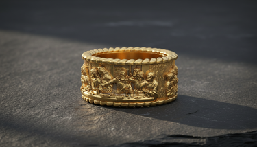 Close-up of intricate relief work on Last Supper band ring featuring the Twelve Apostles design