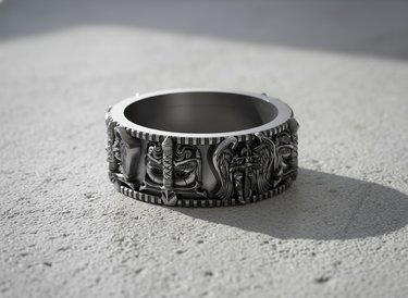 925 sterling silver knight helmet ring with intricate medieval armor design and oxidized finish
