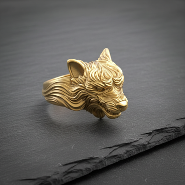 Detailed wolf ring featuring intricate fur texture and fierce expression on black stone background