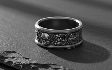 Side profile of the Silver Scorpion Skull Ring, detailing the textured scorpion body and oxidized finish on a slate background.