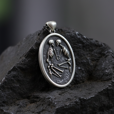 925 sterling silver skeleton lovers pendant with oxidized finish displayed on a dark textured rock surface