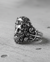 Oxidized 925 sterling silver Poseidon ring with detailed beard and crown side profile view