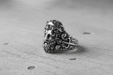 Oxidized 925 sterling silver Poseidon ring with detailed beard and crown side profile view