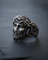 Oxidized 925 sterling silver Jesus head ring showing intricate beard and hair craftsmanship
