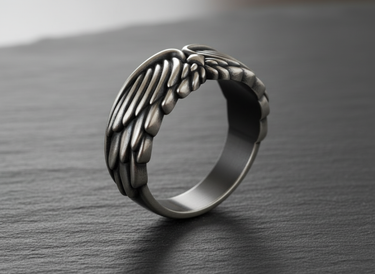 Close-up of handcrafted silver feather ring design with smooth inner band and matte finish styling on textured surface