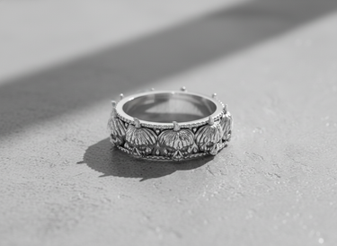 925 sterling silver skull pumpkin ring featuring a continuous band of carved jack-o-lantern skulls with beaded edges