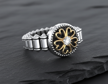 Elegant 925 sterling silver clover ring featuring a gold-outlined four-leaf design and central stone on dark background