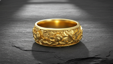 Silver lotus flower ring with gold vermeil finish displaying intricate floral relief on dark stone