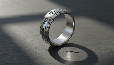 Angled view of handcrafted silver ring with engraved Egyptian hieroglyphics and brushed metal finish