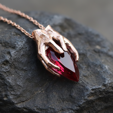 Rose gold plated silver hands garnet pendant holding pear shaped red stone on dark texture background