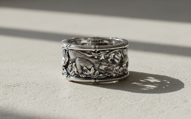 Detailed close-up of handcrafted silver ring with tiger wandering through bamboo forest setting