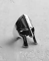 925 sterling silver Spartan helmet ring with oxidized finish displayed on textured background