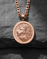 Rose gold plated silver lion pendant featuring a detailed profile relief of a lion head on a dark textured stone background