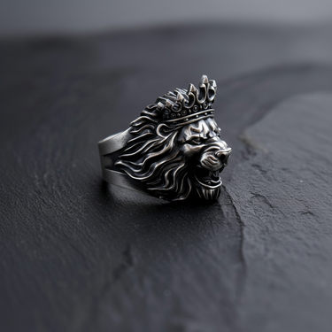 Side profile of handcrafted silver lion ring highlighting the intricate mane texture and royal crown spikes