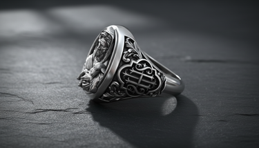 Side profile of the 925 sterling silver Christian Shepherd Ring, showcasing the intricate scrollwork and monogram on the shank.