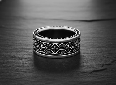 Silver Fleur-de-lis Cross Ring with an oxidized finish and milgrain edges, showcased on a dark, textured slate surface.