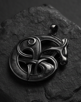 Black rhodium plated sterling silver Fenrir wolf pendant featuring intricate knotwork on dark background