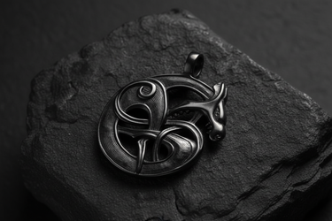 Black rhodium plated sterling silver Fenrir wolf pendant featuring intricate knotwork on dark background